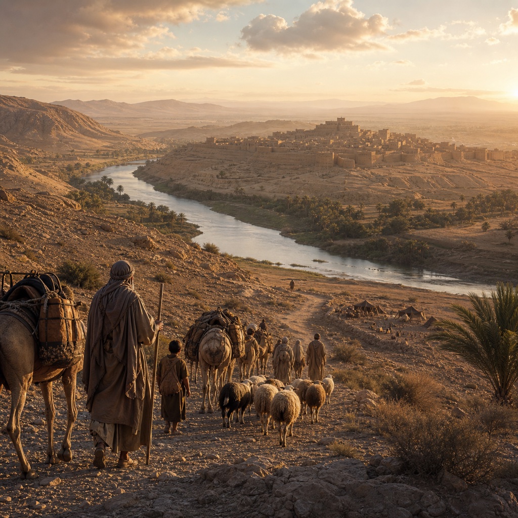 Viajantes atravessando a paisagem de uma cidade do mundo bíblico