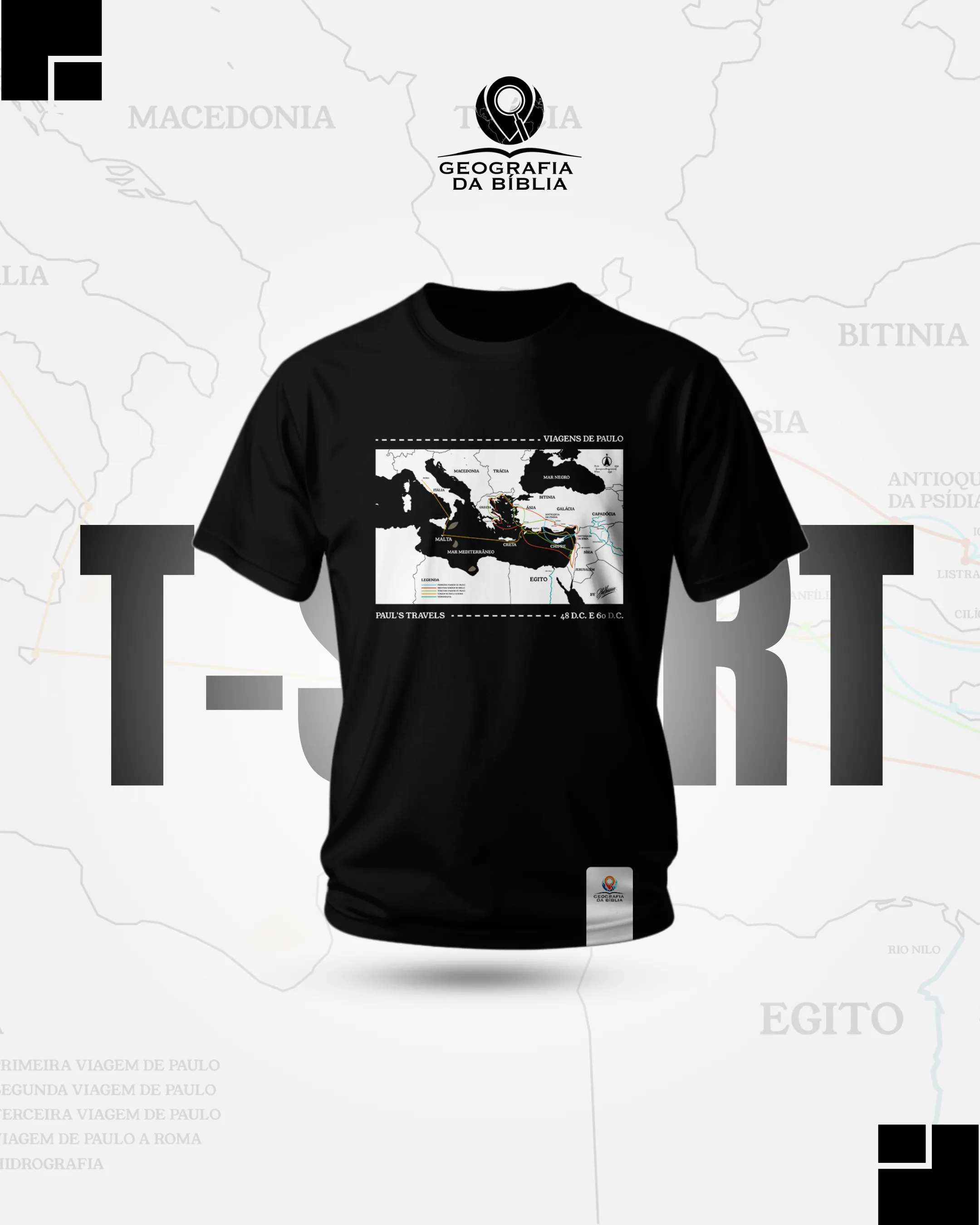 Camiseta preta estampada com mapa das viagens missionárias de Paulo